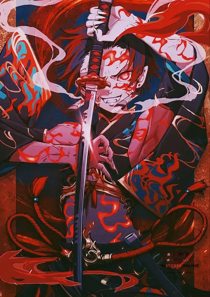 Hình ảnh Tanjiro ngầu cầm kiếm nền màu đỏ đẹp
